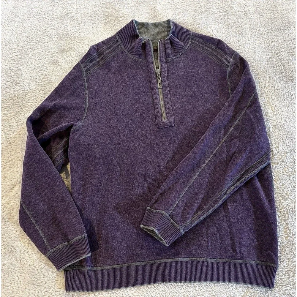 Tommy Bahama Pullover Sweater Mens L Gray Purple Reversible 1/4 Zip Mock Neck
